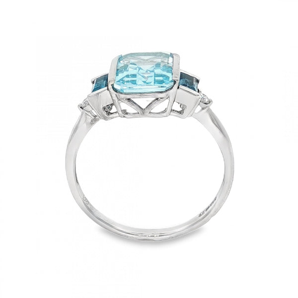 9ct Yellow Gold Blue Topaz & Diamond Trilogy Ring - Size O