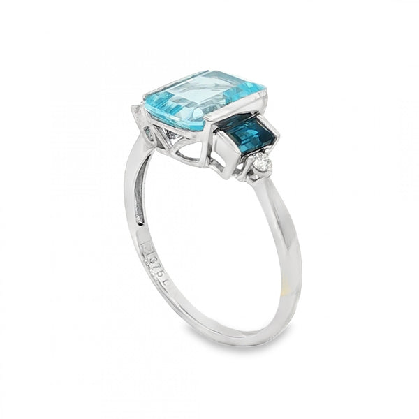 9ct Yellow Gold Blue Topaz & Diamond Trilogy Ring - Size O