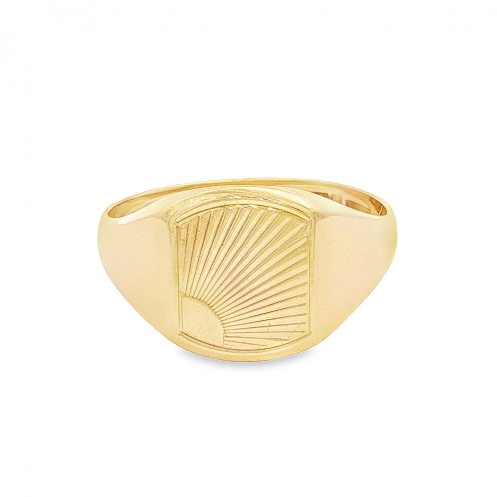 9ct Yellow Gold Sunburst Signet Ring - Size T - 13mm