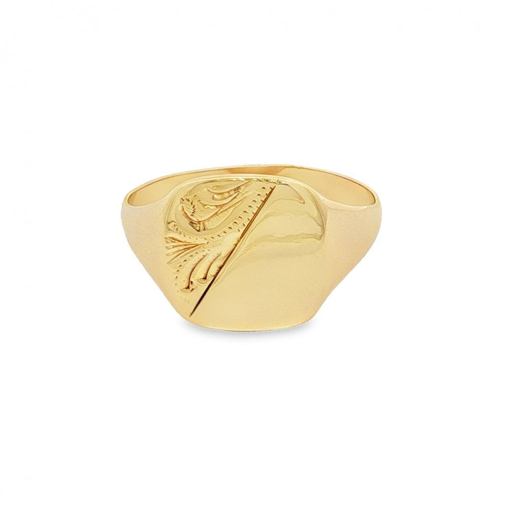 9ct Yellow Gold Half-Feather Signet Ring - Size Q - 12mm