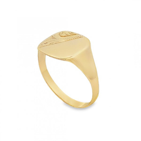 9ct Yellow Gold Half-Feather Signet Ring - Size Q - 12mm