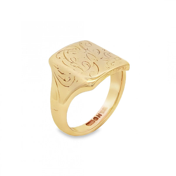 9ct Yellow Gold Feather Engraved Signet Ring - Size J - 13mm