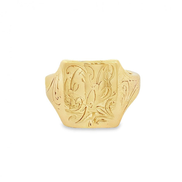 9ct Yellow Gold Feather Engraved Signet Ring - Size J - 13mm