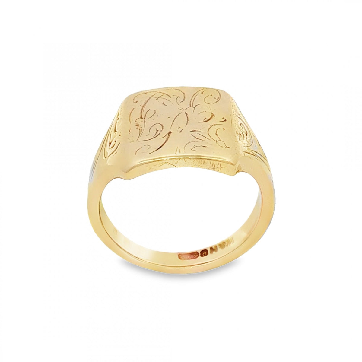 9ct Yellow Gold Feather Engraved Signet Ring - Size J - 13mm