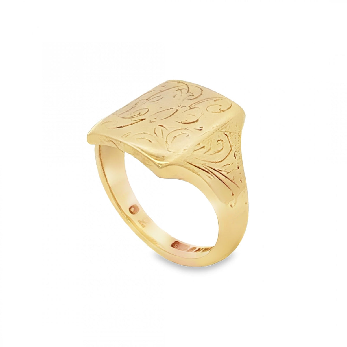 9ct Yellow Gold Feather Engraved Signet Ring - Size J - 13mm