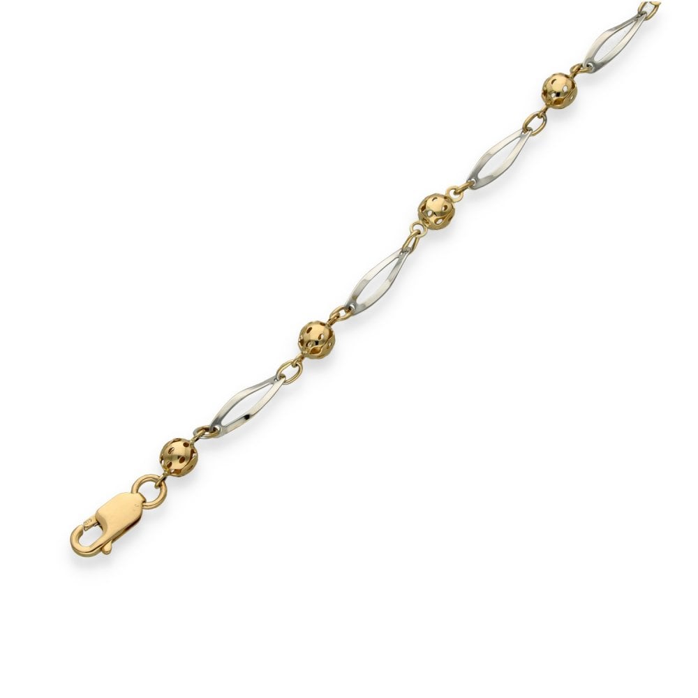 9ct Yellow & White Gold Ball & Hoop Bracelet - 7.5" - 2.7g
