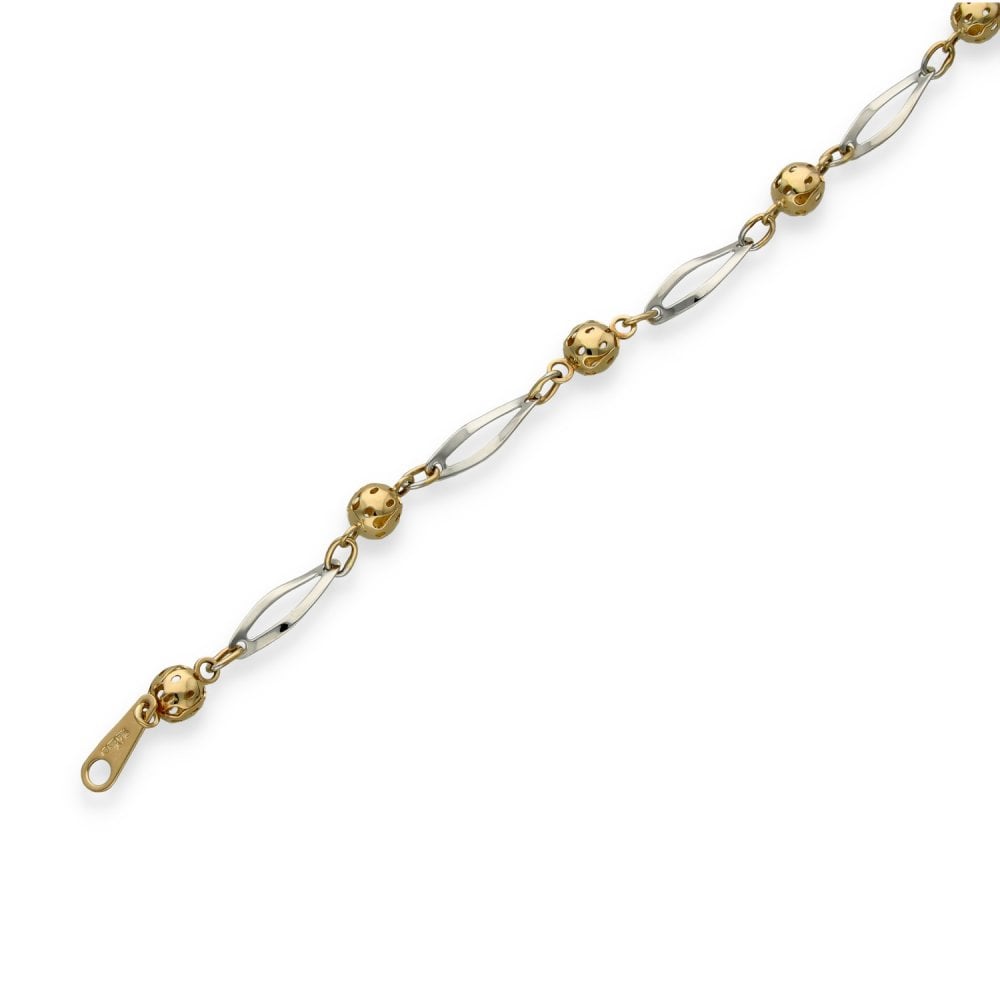 9ct Yellow & White Gold Ball & Hoop Bracelet - 7.5" - 2.7g