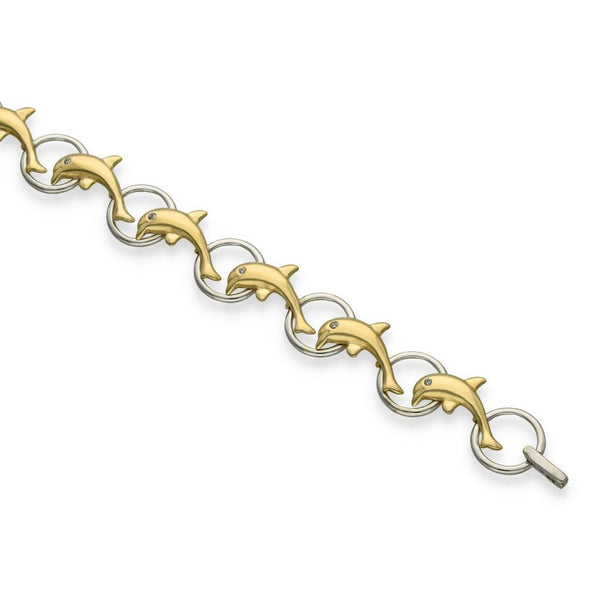 9ct Yellow & White Gold Dolphin Bracelet - 7" - 7.0g