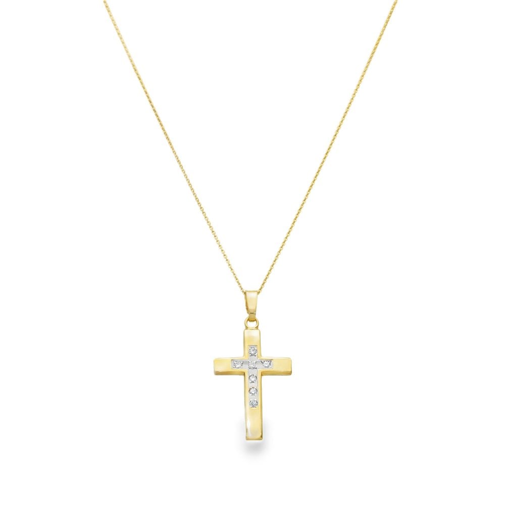9ct Yellow Gold Diamond Cross Pendant & Necklace - 18" - 0.07ct