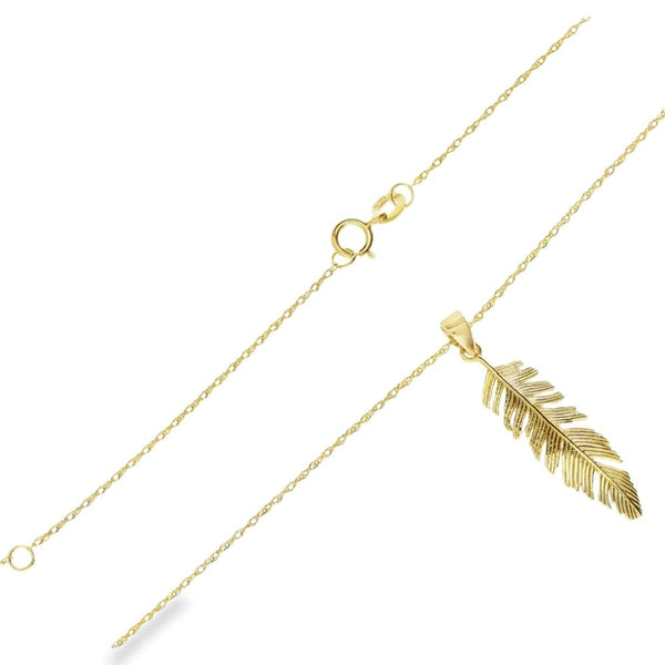 9ct Yellow Gold Feather Pendant & Necklace - 18" - 1.8g
