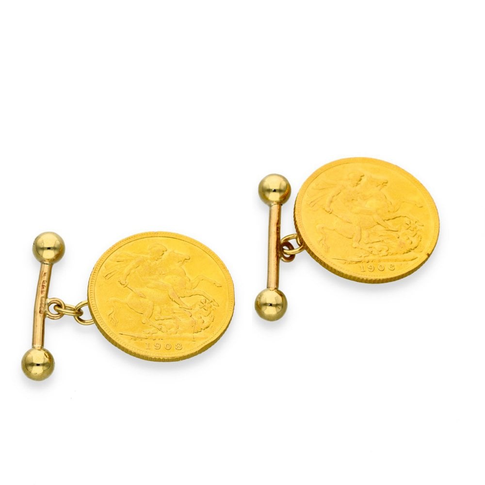 1906/1908 Yellow Gold Full Sovereign Cufflinks - 22x22mm - 18.4g