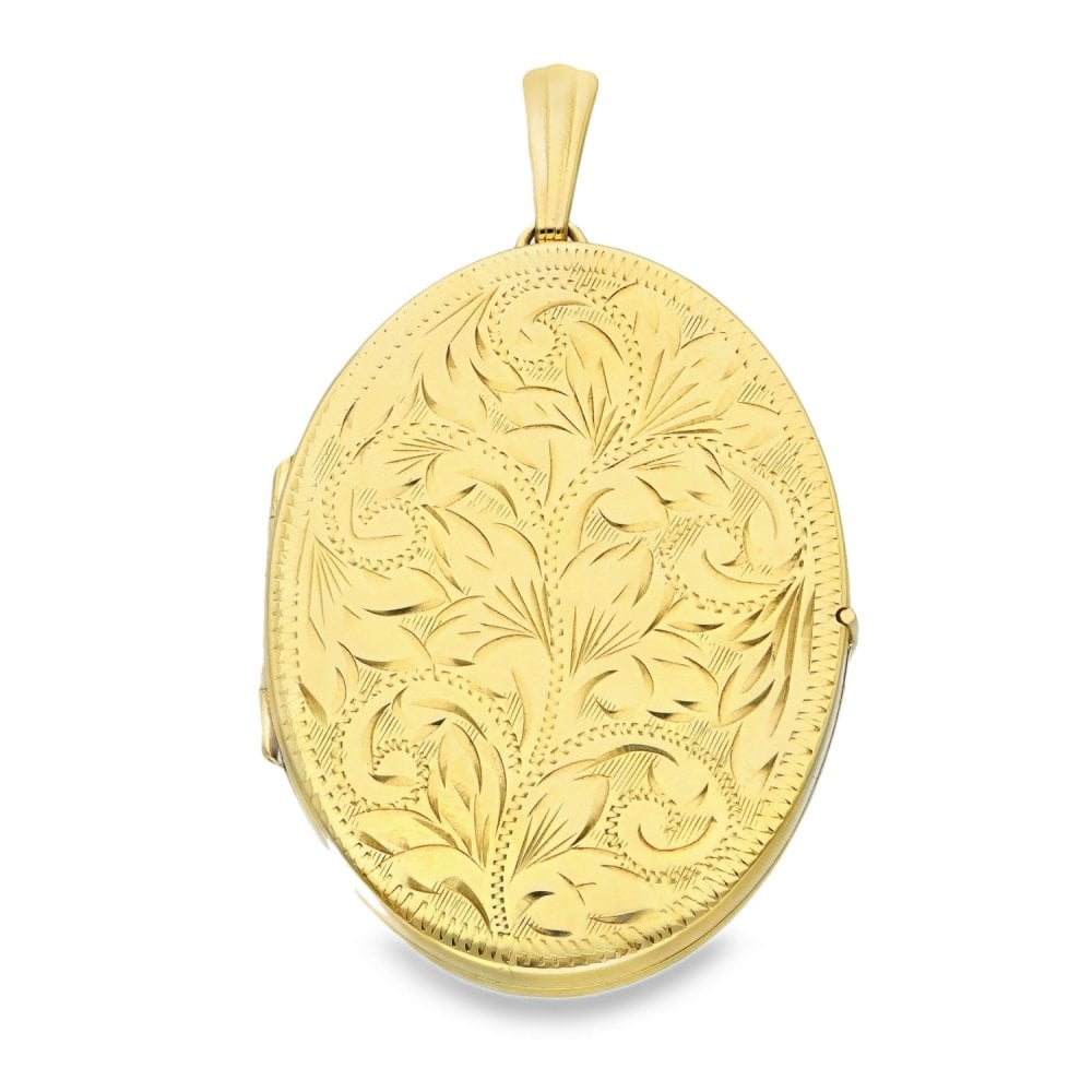9ct Yellow Gold Oval Feather Engraved Locket - 32x44x7mm - 13.1g