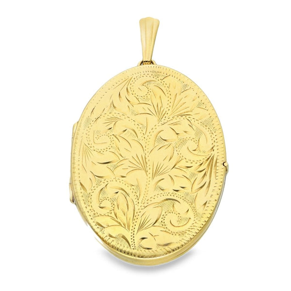 9ct Yellow Gold Oval Feather Engraved Locket - 32x44x7mm - 13.1g