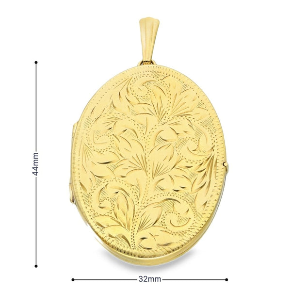 9ct Yellow Gold Oval Feather Engraved Locket - 32x44x7mm - 13.1g