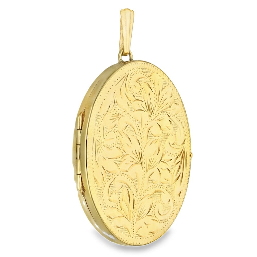 9ct Yellow Gold Oval Feather Engraved Locket - 32x44x7mm - 13.1g