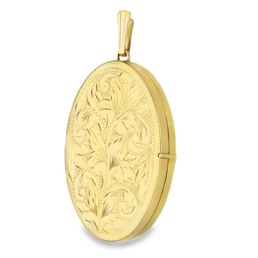 9ct Yellow Gold Oval Feather Engraved Locket - 32x44x7mm - 13.1g