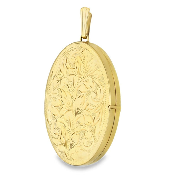 9ct Yellow Gold Oval Feather Engraved Locket - 32x44x7mm - 13.1g