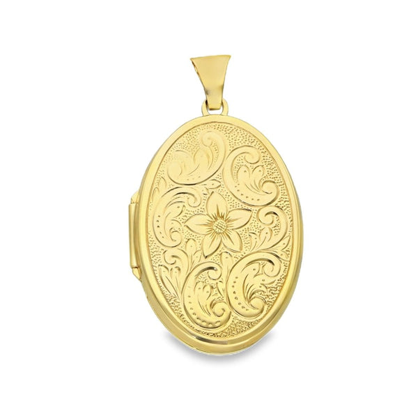 9ct Yellow Gold Flower & Feather Engraved Oval Locket -21x32x5mm