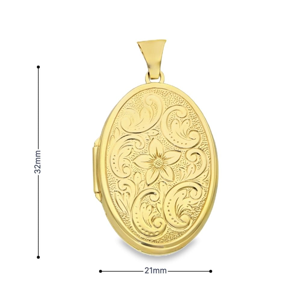 9ct Yellow Gold Flower & Feather Engraved Oval Locket -21x32x5mm