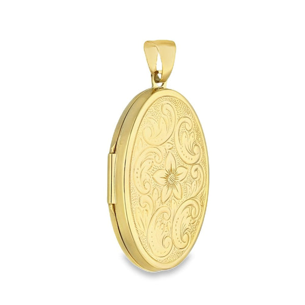 9ct Yellow Gold Flower & Feather Engraved Oval Locket -21x32x5mm