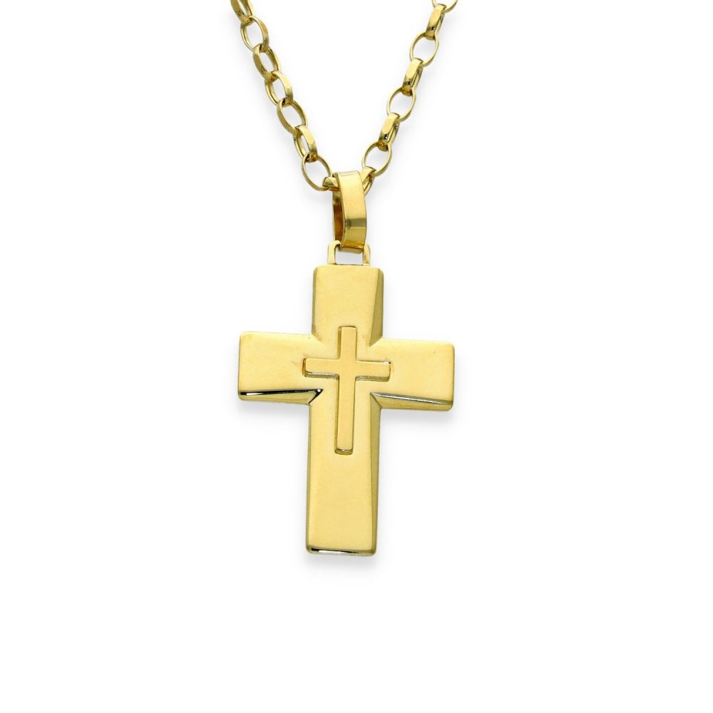 9ct Yellow Gold Cross Pendant & Belcher Chain - 19" - 9.2g