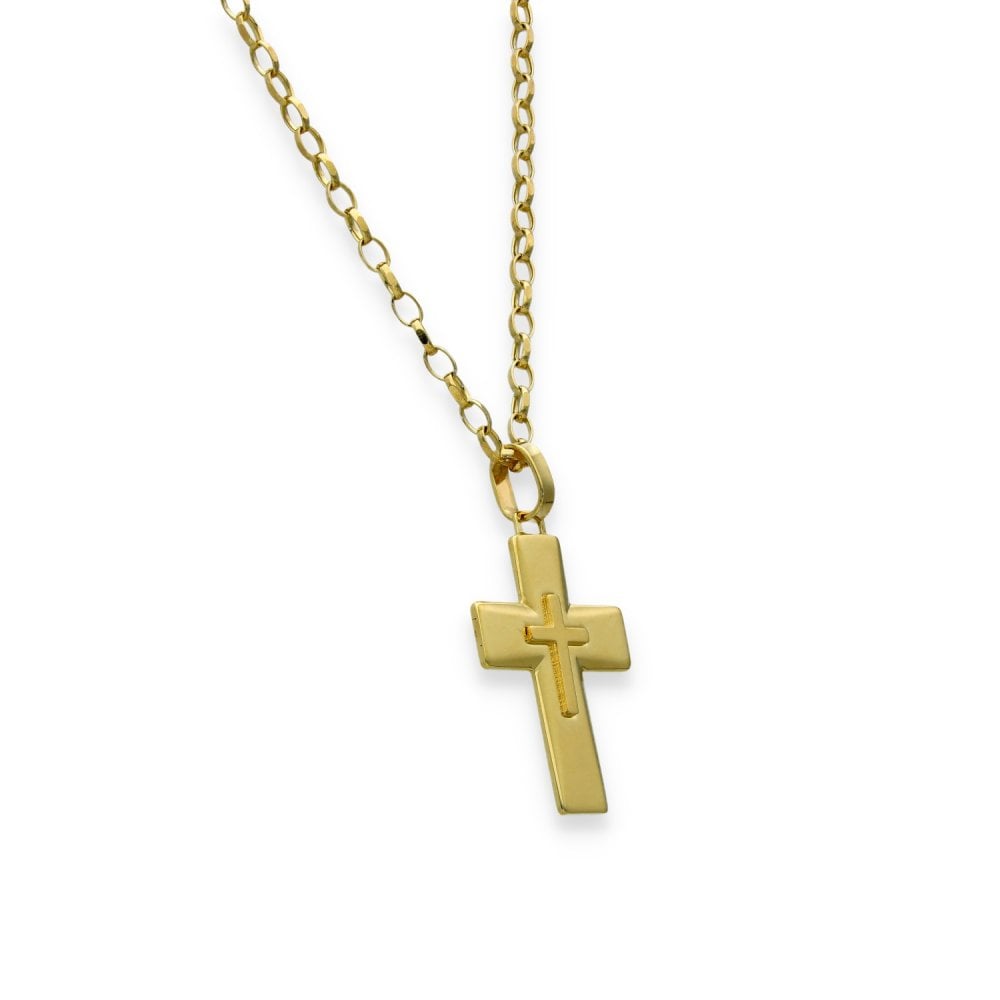 9ct Yellow Gold Cross Pendant & Belcher Chain - 19" - 9.2g