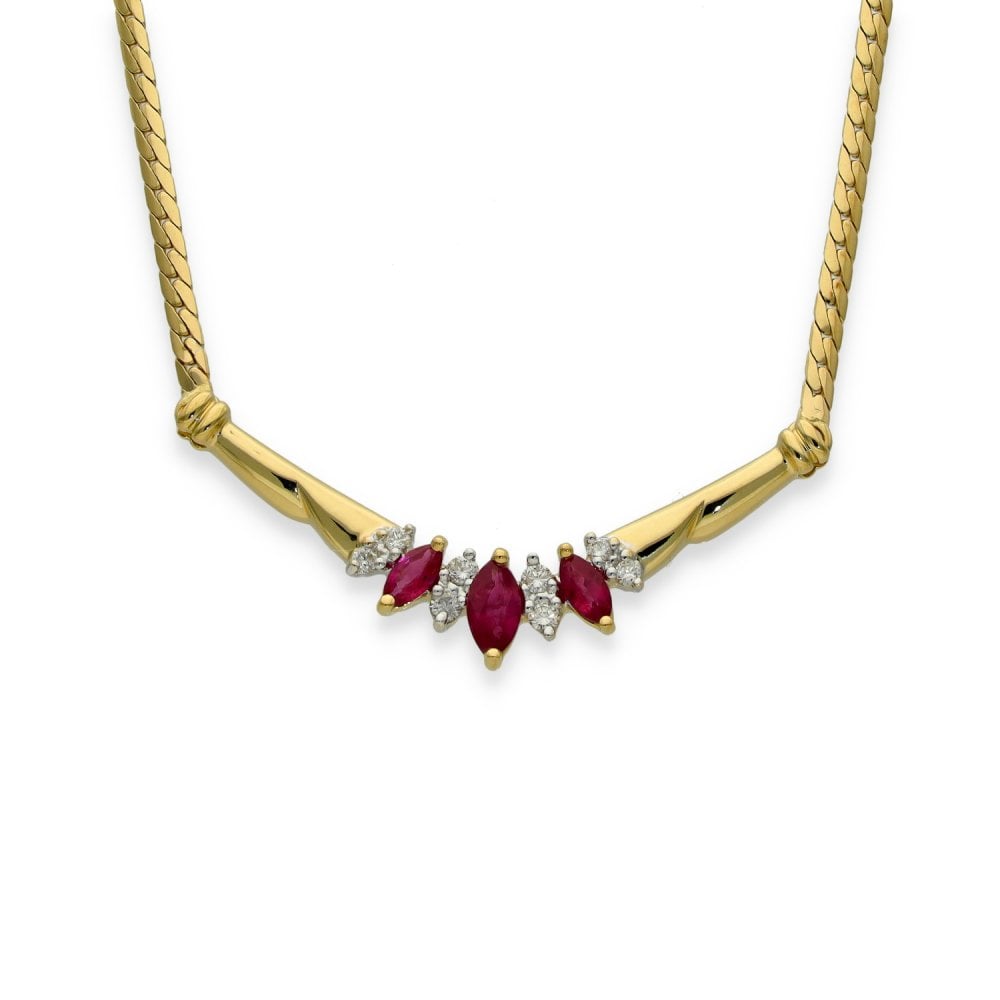 18ct Yellow Gold Ruby & Diamond Necklet - 17" - 0.16ct