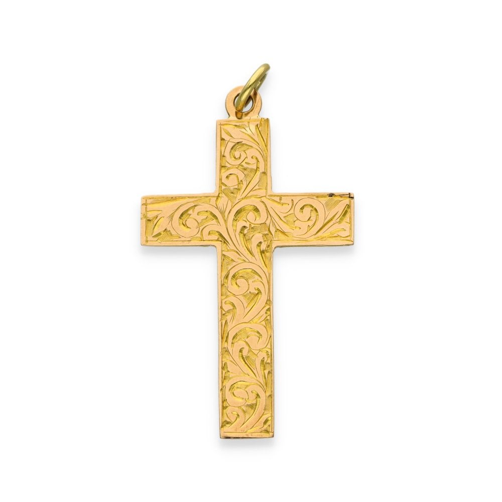 9ct Yellow Gold Feather Engraved Cross Pendant - 23x35mm - 2.6g