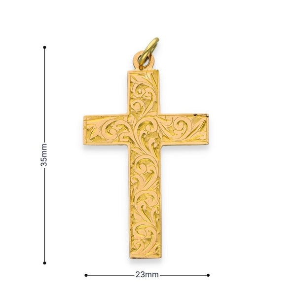 9ct Yellow Gold Feather Engraved Cross Pendant - 23x35mm - 2.6g