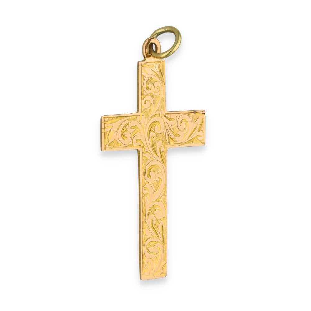 9ct Yellow Gold Feather Engraved Cross Pendant - 23x35mm - 2.6g