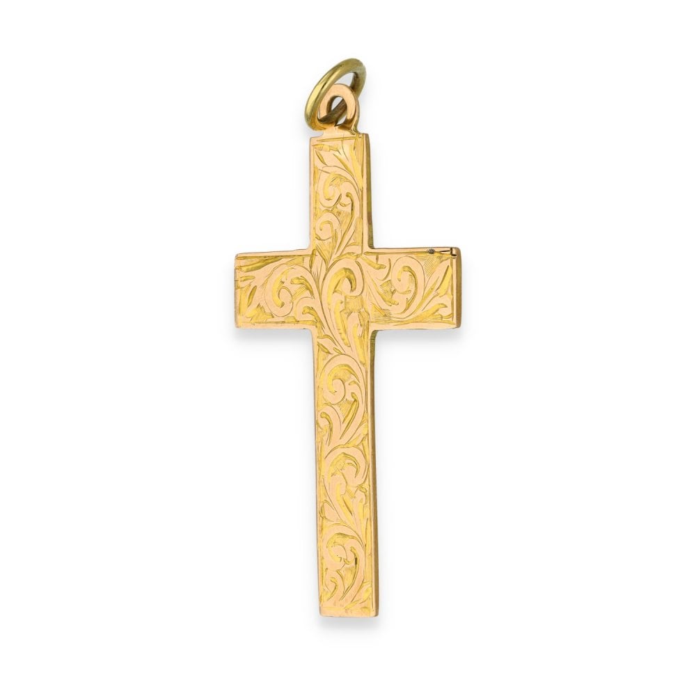9ct Yellow Gold Feather Engraved Cross Pendant - 23x35mm - 2.6g