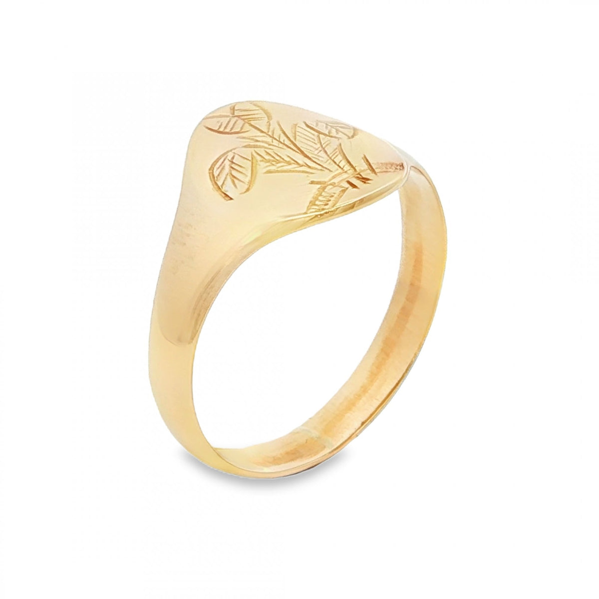 9ct Yellow Gold Leaf Engraved Signet Ring - Size W½ - 14mm