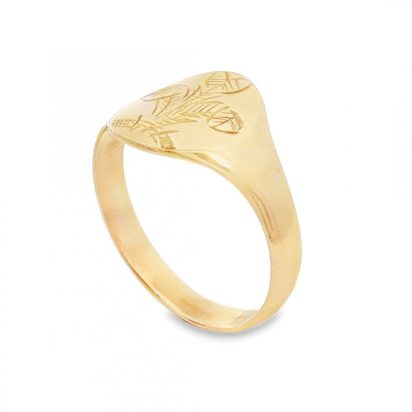 9ct Yellow Gold Leaf Engraved Signet Ring - Size W½ - 14mm