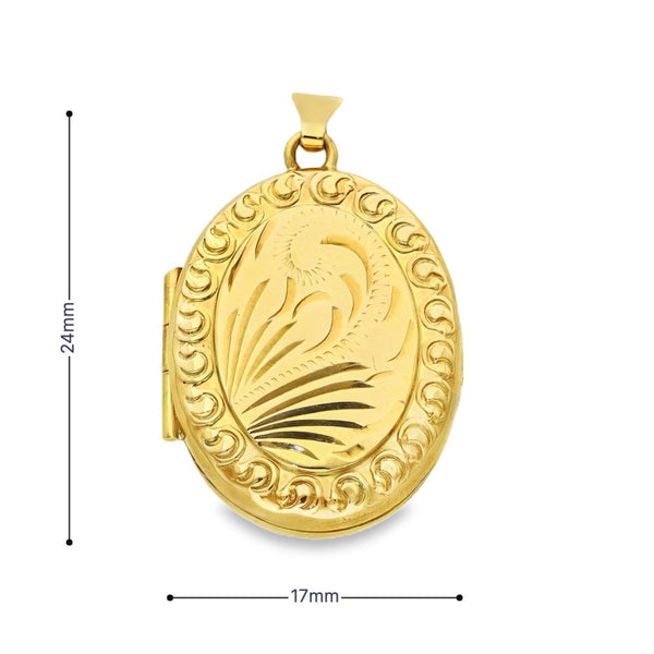 9ct Yellow Gold Oval Feather Engraved Locket - 17x24x6mm - 2.7g