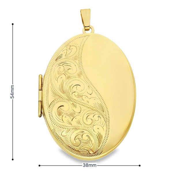 9ct Yellow Gold Large Oval Feather Locket - 38x54x8mm - 13.0g