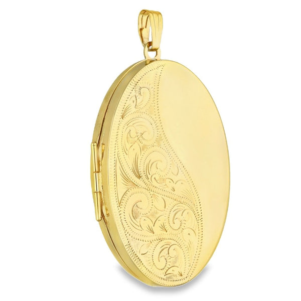 9ct Yellow Gold Large Oval Feather Locket - 38x54x8mm - 13.0g
