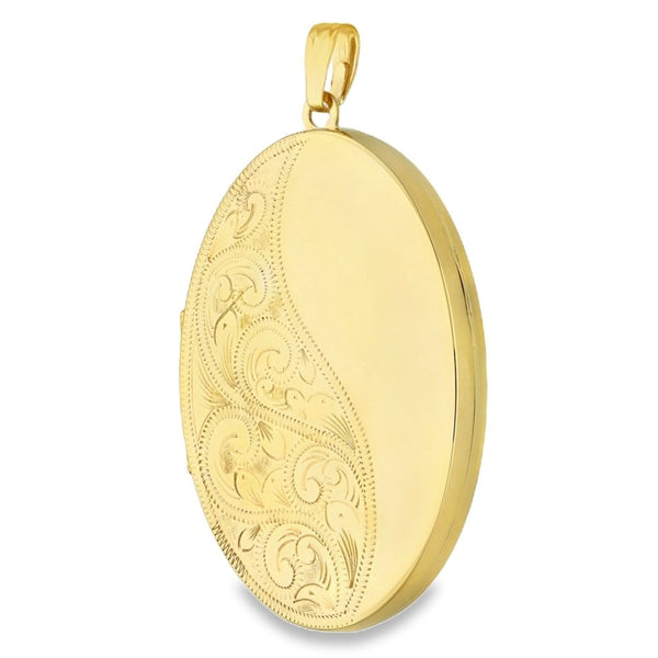 9ct Yellow Gold Large Oval Feather Locket - 38x54x8mm - 13.0g
