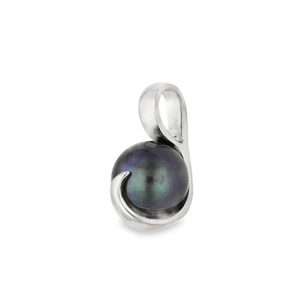 9ct White Gold Black Pearl Swirl Pendant - 7x14x9mm - 1.2g