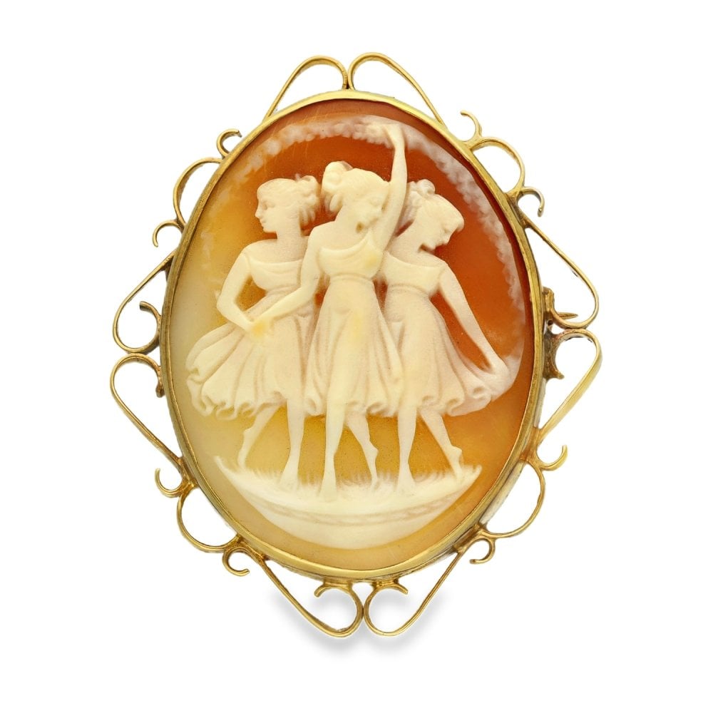 9ct Yellow Gold Three Graces Cameo Brooch - 37x44x13mm - 13.0g