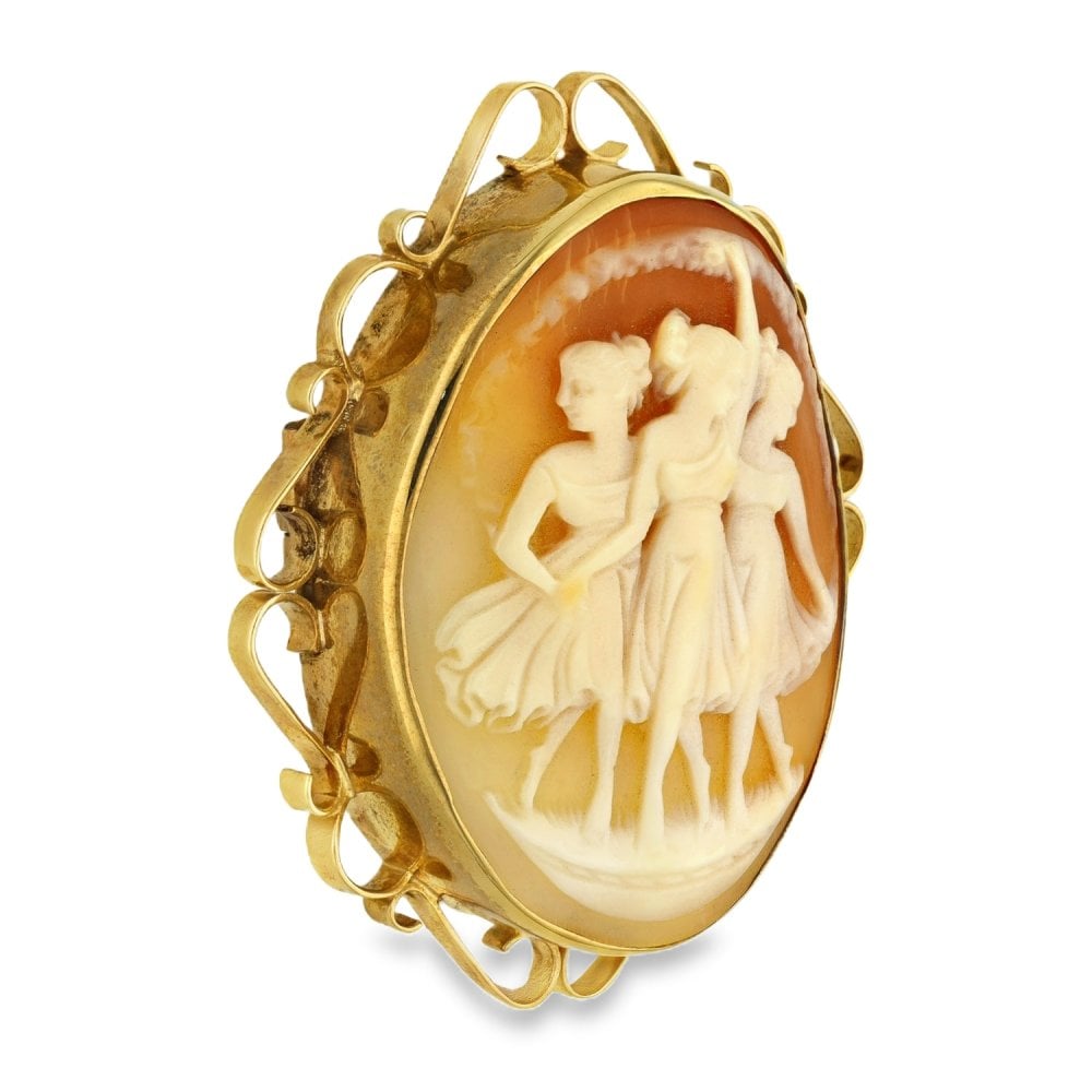 9ct Yellow Gold Three Graces Cameo Brooch - 37x44x13mm - 13.0g