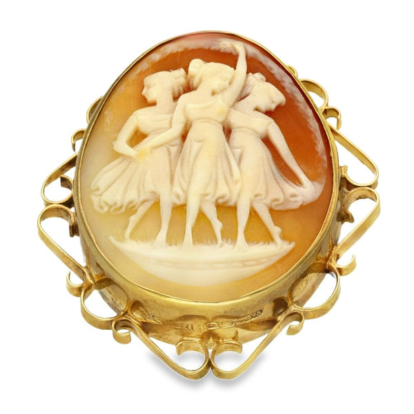 9ct Yellow Gold Three Graces Cameo Brooch - 37x44x13mm - 13.0g