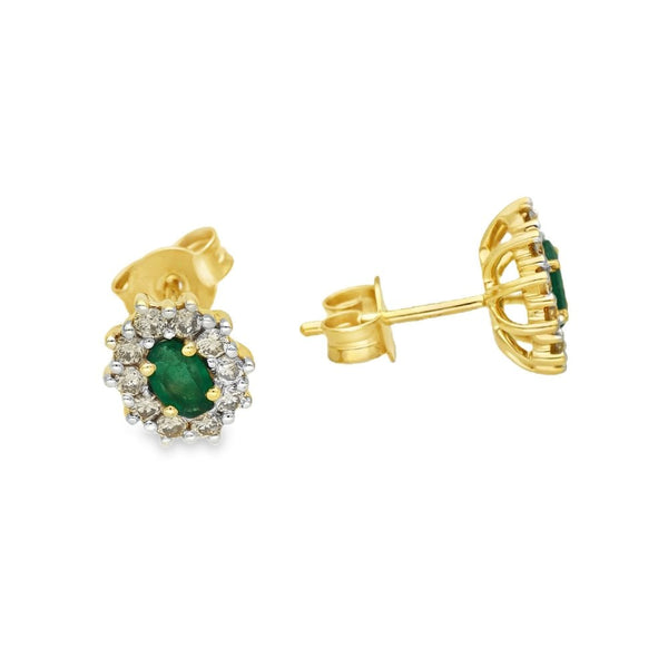 9ct Yellow Gold Emerald & Diamond Stud Earrings - 8x10mm