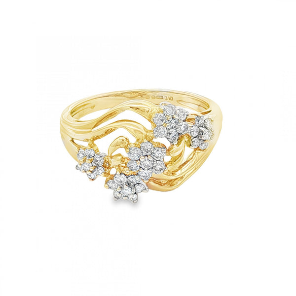9ct Yellow Gold Diamond Flower Cluster Ring - Size P - 0.35ct