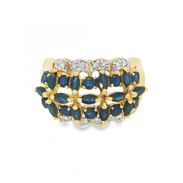 9ct Yellow Gold Sapphire & Diamond Cluster Ring - Size P - 4.8g