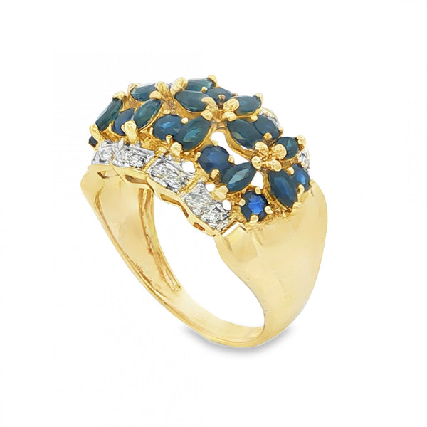 9ct Yellow Gold Sapphire & Diamond Cluster Ring - Size P - 4.8g