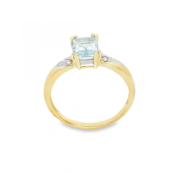 9ct Yellow Gold Aquamarine & Diamond Ring - Size L - 1.7g