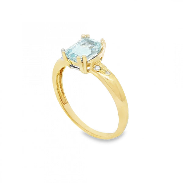 9ct Yellow Gold Aquamarine & Diamond Ring - Size L - 1.7g