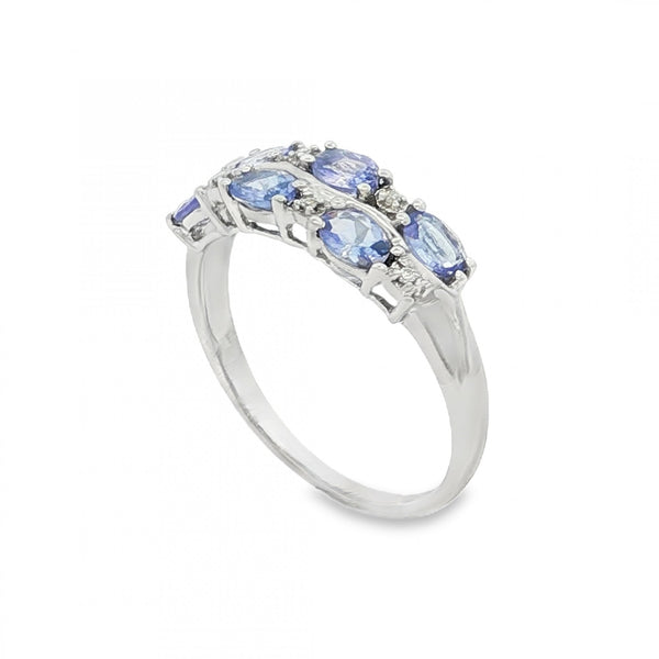 9ct White Gold Tanzanite & Diamond Cluster Ring - Size P - 2.5g