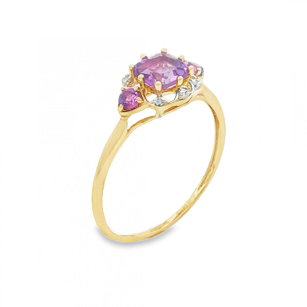 9ct Yellow Gold Amethyst & Diamond Trilogy Ring - Size R - 1.3g