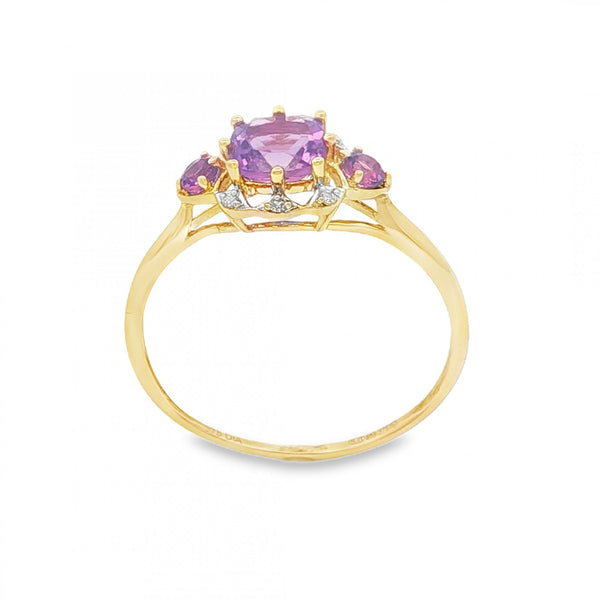 9ct Yellow Gold Amethyst & Diamond Trilogy Ring - Size R - 1.3g